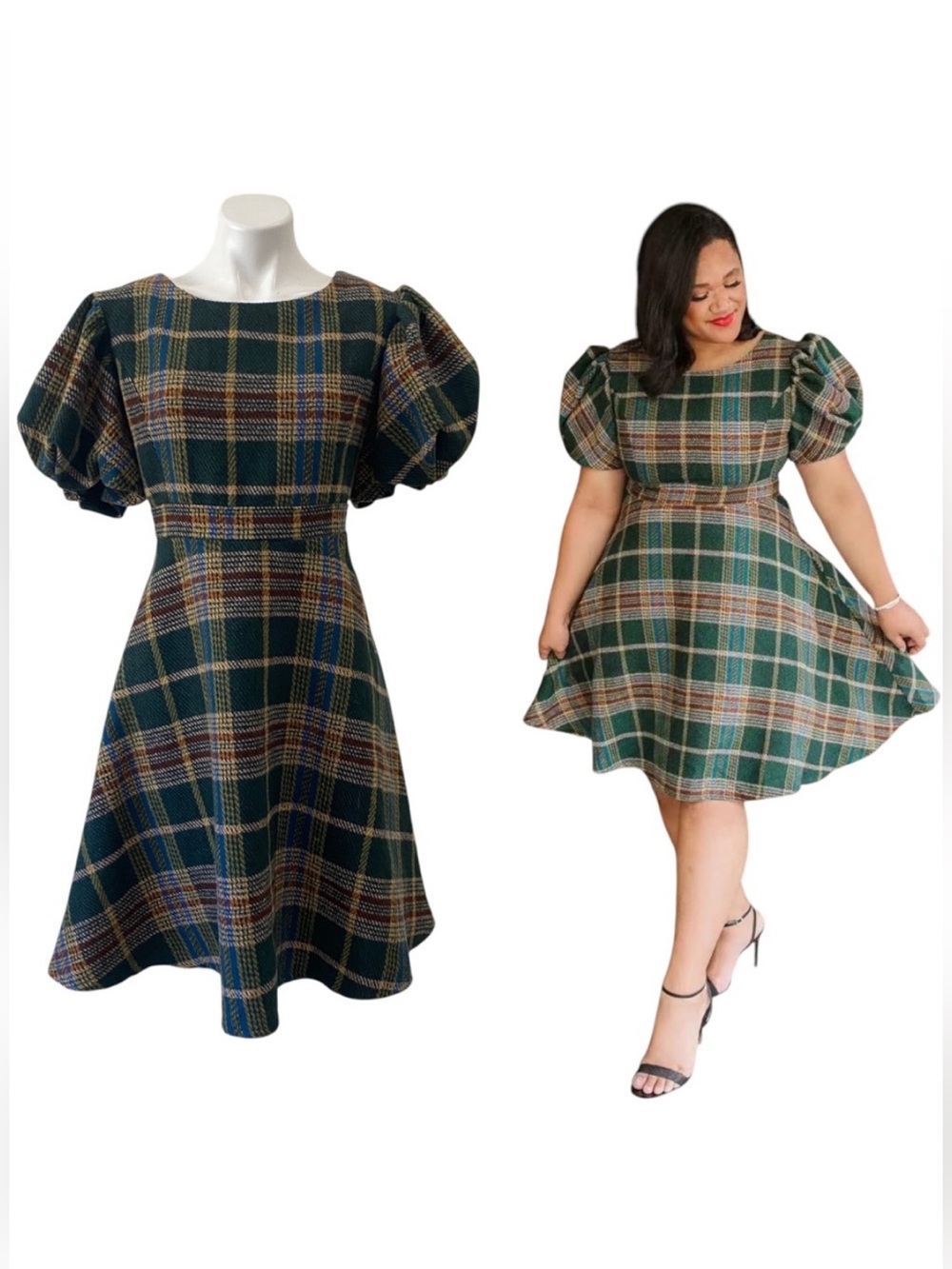 Ivy City Co Green Blue Red Puff Sleeve A-Line Tartan Plaid Midi Dress 1X